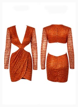 image-Long Sleeve Mini Skirt Orange Deep V-neck Hot Piece Party Dress