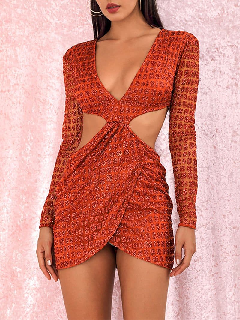 image-Long Sleeve Mini Skirt Orange Deep V-neck Hot Piece Party Dress