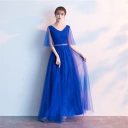image-Beauty-Emily Tulle V Neck Ruffle Evening Dresses Long A-line Crystal Formal Dress Party Prom Gowns Lace Up Back Vestido de noche