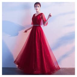 image-Beauty-Emily Tulle V Neck Ruffle Evening Dresses Long A-line Crystal Formal Dress Party Prom Gowns Lace Up Back Vestido de noche
