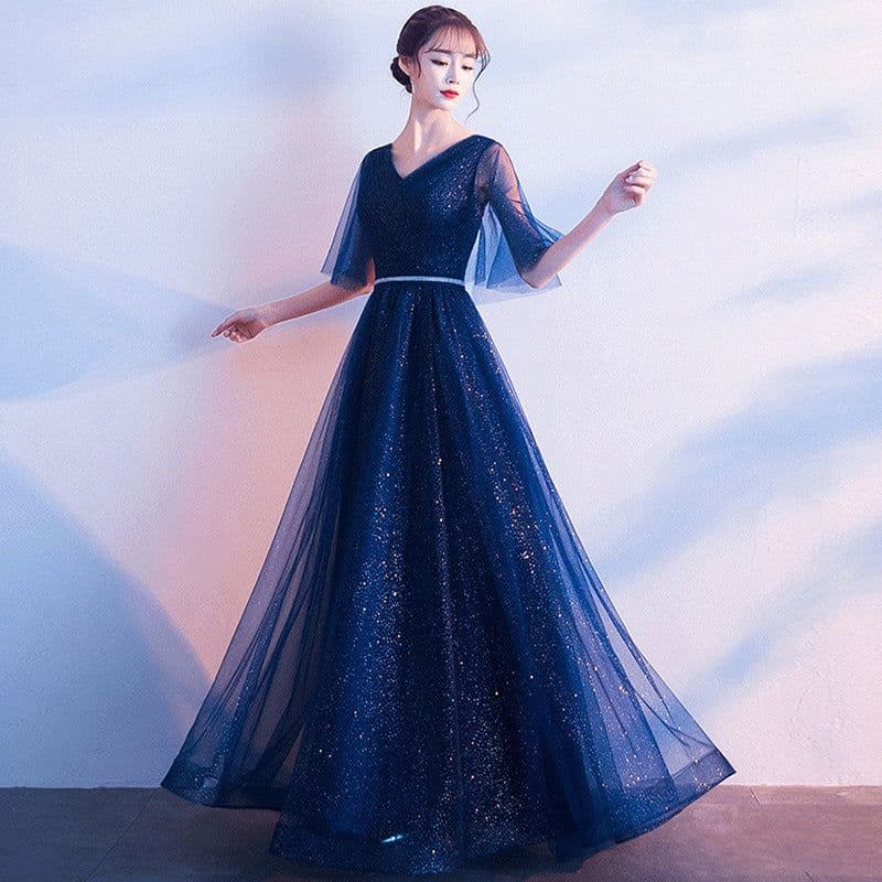 image-Beauty-Emily Tulle V Neck Ruffle Evening Dresses Long A-line Crystal Formal Dress Party Prom Gowns Lace Up Back Vestido de noche