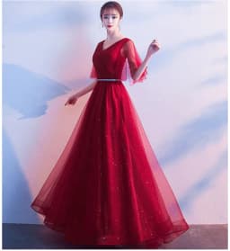 image-Beauty-Emily Tulle V Neck Ruffle Evening Dresses Long A-line Crystal Formal Dress Party Prom Gowns Lace Up Back Vestido de noche