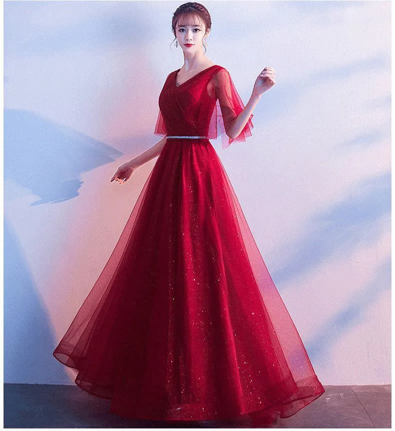 image-Beauty-Emily Tulle V Neck Ruffle Evening Dresses Long A-line Crystal Formal Dress Party Prom Gowns Lace Up Back Vestido de noche