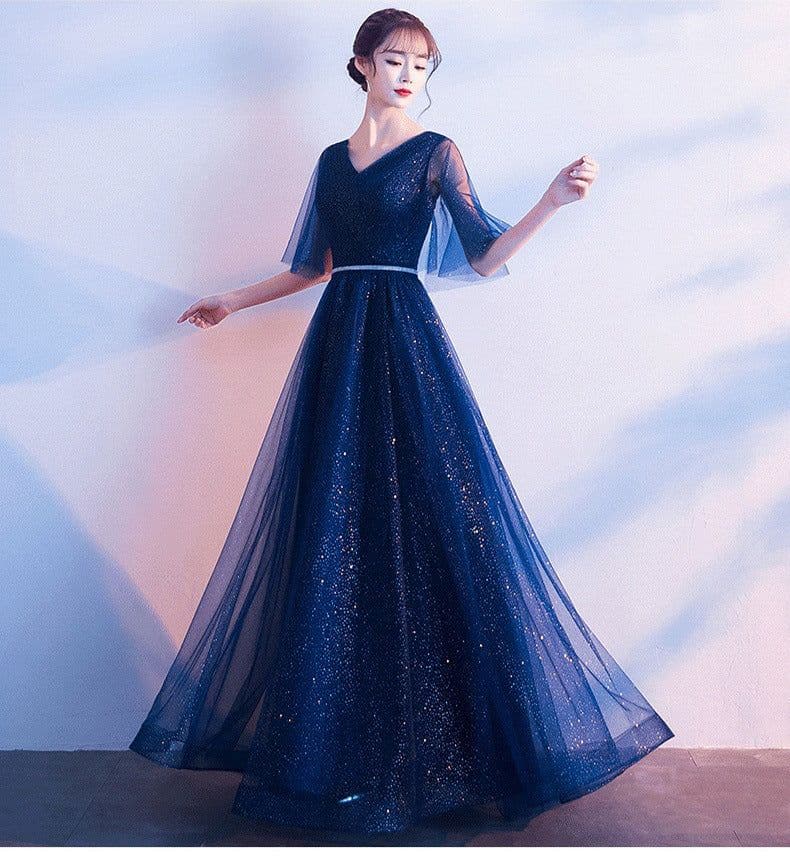 image-Beauty-Emily Tulle V Neck Ruffle Evening Dresses Long A-line Crystal Formal Dress Party Prom Gowns Lace Up Back Vestido de noche