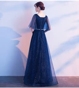 image-Beauty-Emily Tulle V Neck Ruffle Evening Dresses Long A-line Crystal Formal Dress Party Prom Gowns Lace Up Back Vestido de noche