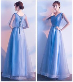 image-Beauty-Emily Tulle V Neck Ruffle Evening Dresses Long A-line Crystal Formal Dress Party Prom Gowns Lace Up Back Vestido de noche
