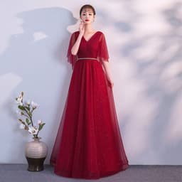 image-Beauty-Emily Tulle V Neck Ruffle Evening Dresses Long A-line Crystal Formal Dress Party Prom Gowns Lace Up Back Vestido de noche