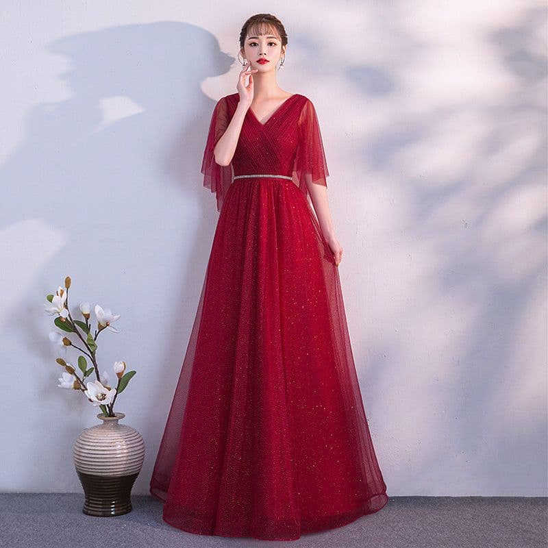 image-Beauty-Emily Tulle V Neck Ruffle Evening Dresses Long A-line Crystal Formal Dress Party Prom Gowns Lace Up Back Vestido de noche