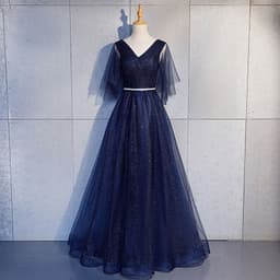 image-Beauty-Emily Tulle V Neck Ruffle Evening Dresses Long A-line Crystal Formal Dress Party Prom Gowns Lace Up Back Vestido de noche