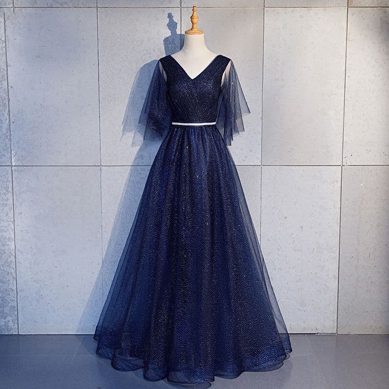 image-Beauty-Emily Tulle V Neck Ruffle Evening Dresses Long A-line Crystal Formal Dress Party Prom Gowns Lace Up Back Vestido de noche