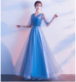 image-Beauty-Emily Tulle V Neck Ruffle Evening Dresses Long A-line Crystal Formal Dress Party Prom Gowns Lace Up Back Vestido de noche