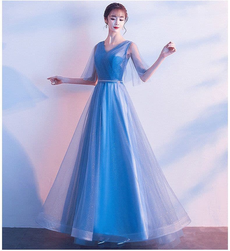 image-Beauty-Emily Tulle V Neck Ruffle Evening Dresses Long A-line Crystal Formal Dress Party Prom Gowns Lace Up Back Vestido de noche