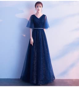 image-Beauty-Emily Tulle V Neck Ruffle Evening Dresses Long A-line Crystal Formal Dress Party Prom Gowns Lace Up Back Vestido de noche