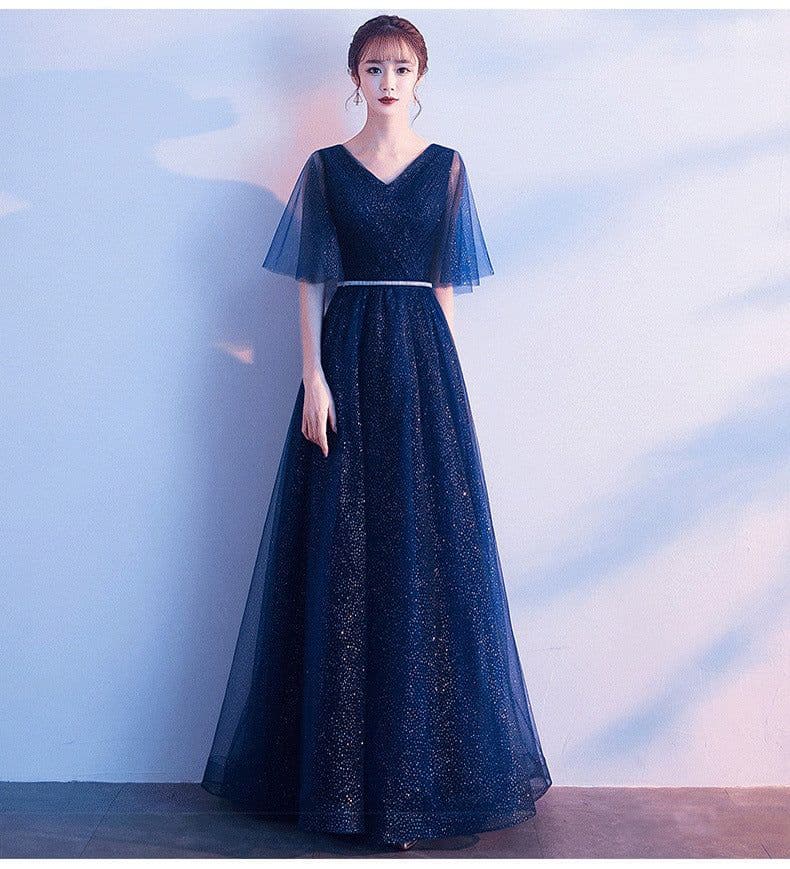 image-Beauty-Emily Tulle V Neck Ruffle Evening Dresses Long A-line Crystal Formal Dress Party Prom Gowns Lace Up Back Vestido de noche