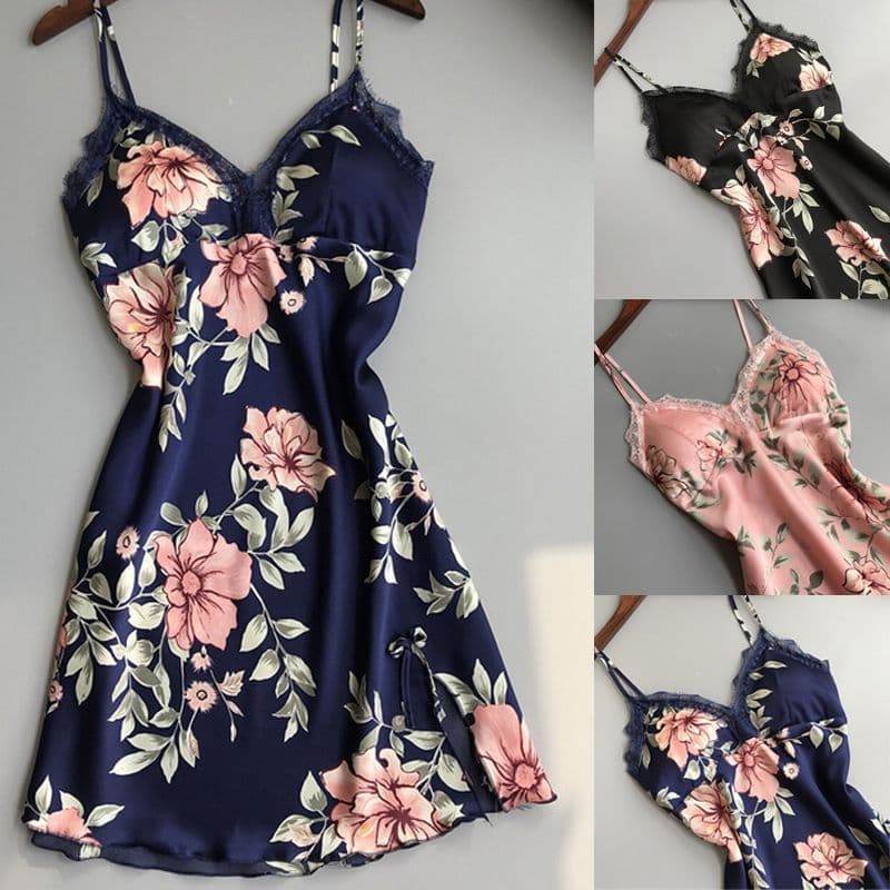 image-Robe Underwear women's night dress lace sleepwear Silk Satin