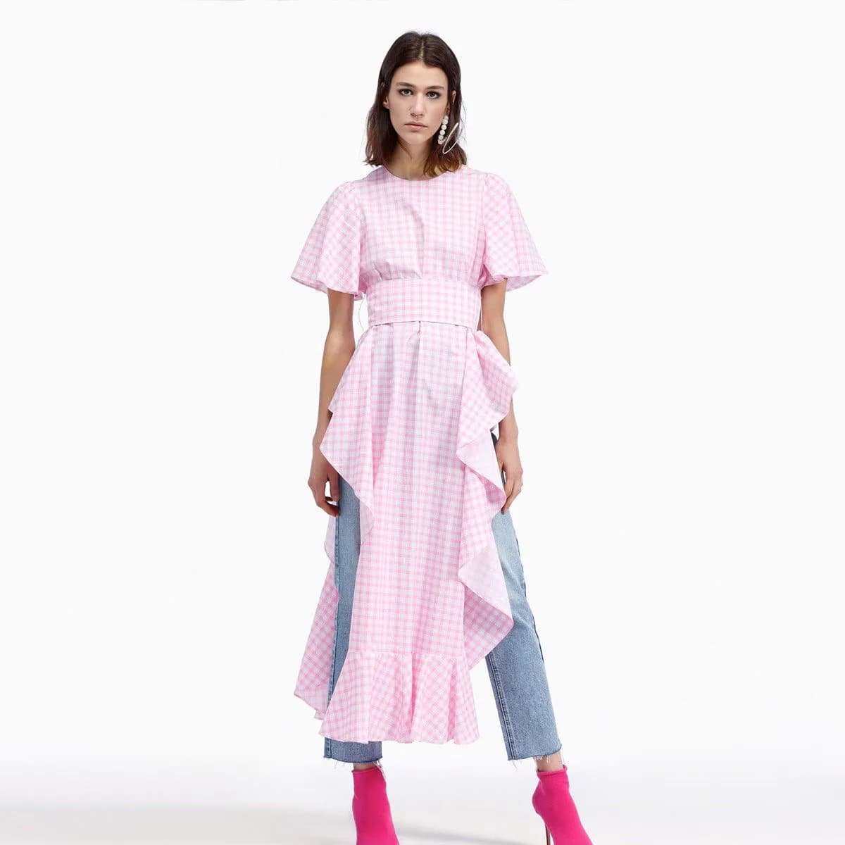 image-Dress Female Summer New Long Skirt And Ruffled Plaid