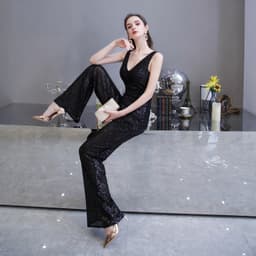 image-Fashionable Temperament Dress Waist Slim Jumpsuit Wide-leg Pants Ladies Party Annual Meeting Evening Dress