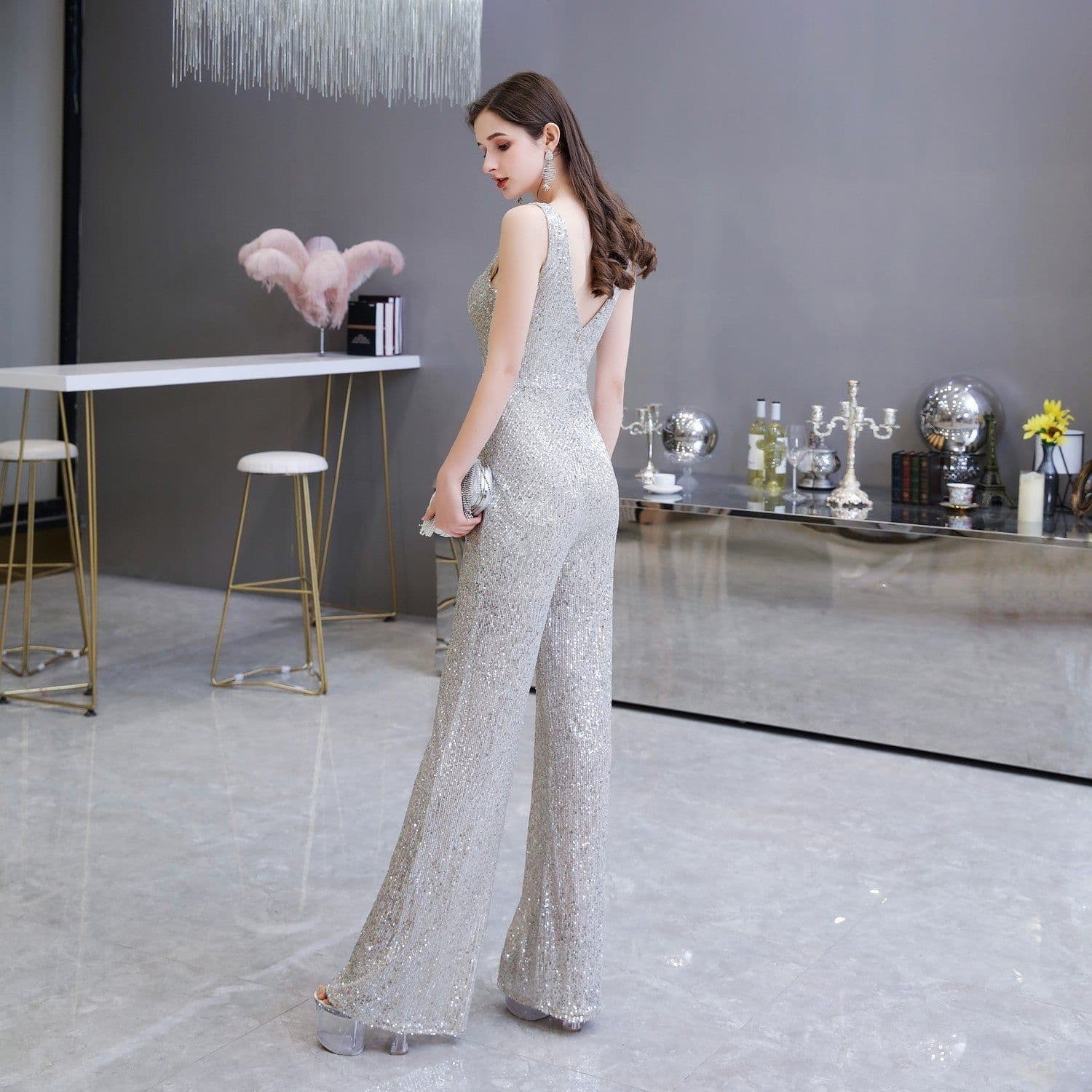 image-Fashionable Temperament Dress Waist Slim Jumpsuit Wide-leg Pants Ladies Party Annual Meeting Evening Dress