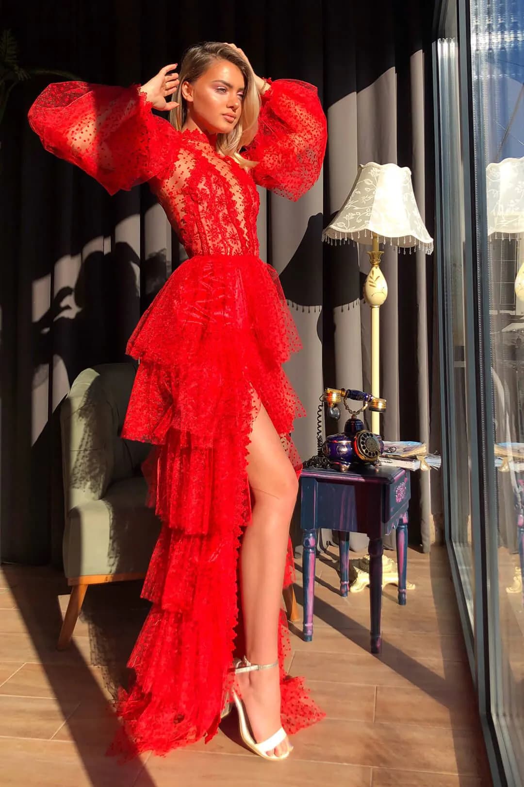 image-Women's Stand-alone EBay Sexy Mesh Long-sleeved Prom Dress New Evening Dress