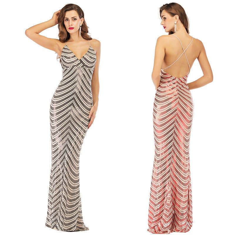 image-Sling Halter Dress, Deep V-neck Stretch Sequined Mopping Dress