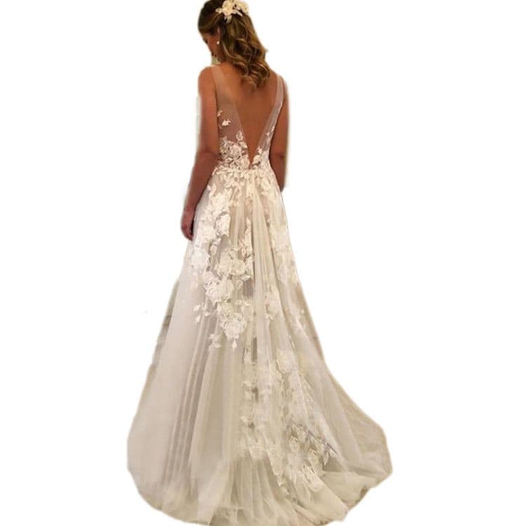image-Double-shoulder Deep V-neck Slim-fit Lace Wrapped Shoulder Tail Wedding Dress
