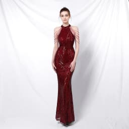 image-Backless Evening Dress Women Party Dress Long Wear Sequin Fabric Cheap