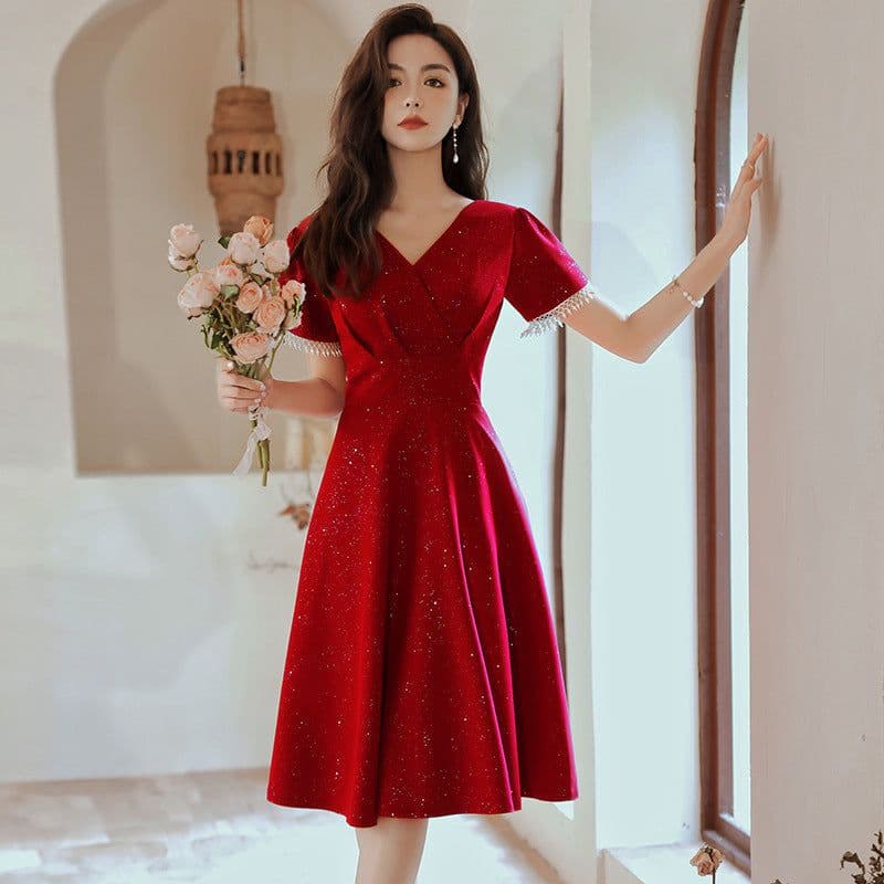 image-Toast Dress Bride Wine Red Wedding Dress Engagement Back Door Dress