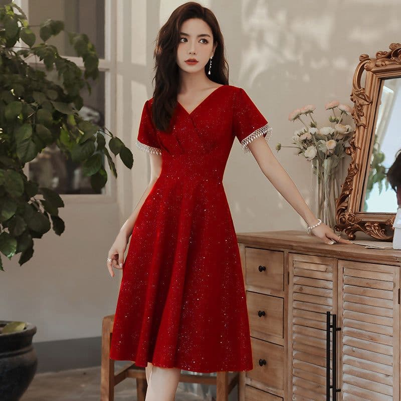 image-Toast Dress Bride Wine Red Wedding Dress Engagement Back Door Dress