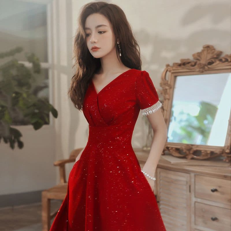 image-Toast Dress Bride Wine Red Wedding Dress Engagement Back Door Dress