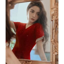 image-Toast Dress Bride Wine Red Wedding Dress Engagement Back Door Dress