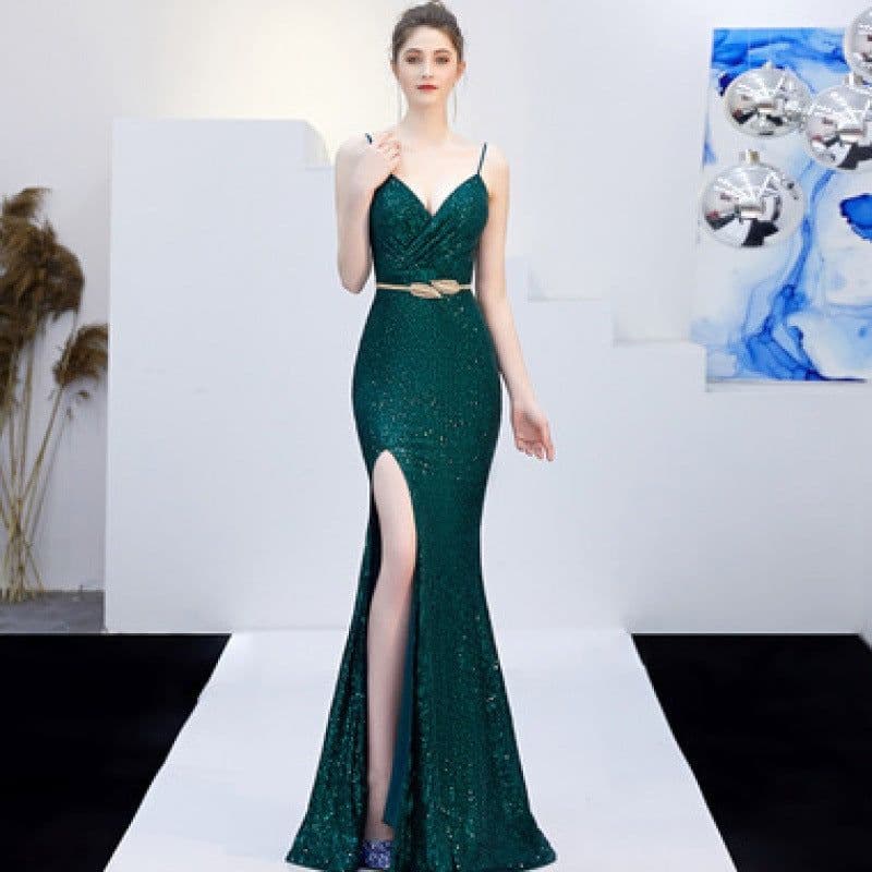 image-New Banquet Elegant Annual Meeting Long Host Deep V Sexy Fishtail Sequined Dress