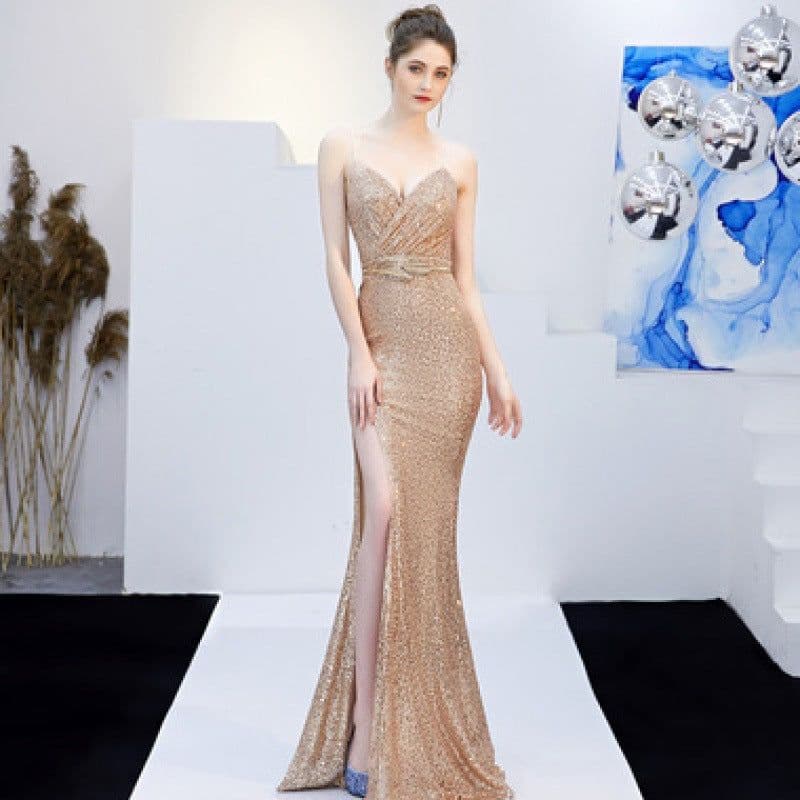 image-New Banquet Elegant Annual Meeting Long Host Deep V Sexy Fishtail Sequined Dress