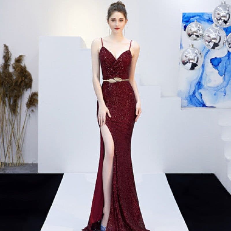 image-New Banquet Elegant Annual Meeting Long Host Deep V Sexy Fishtail Sequined Dress