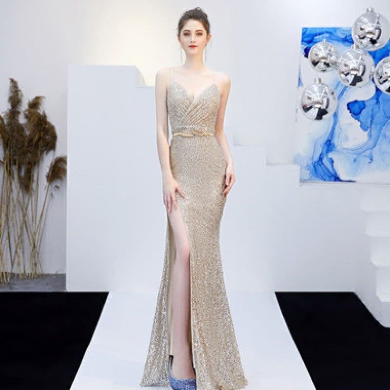 image-New Banquet Elegant Annual Meeting Long Host Deep V Sexy Fishtail Sequined Dress