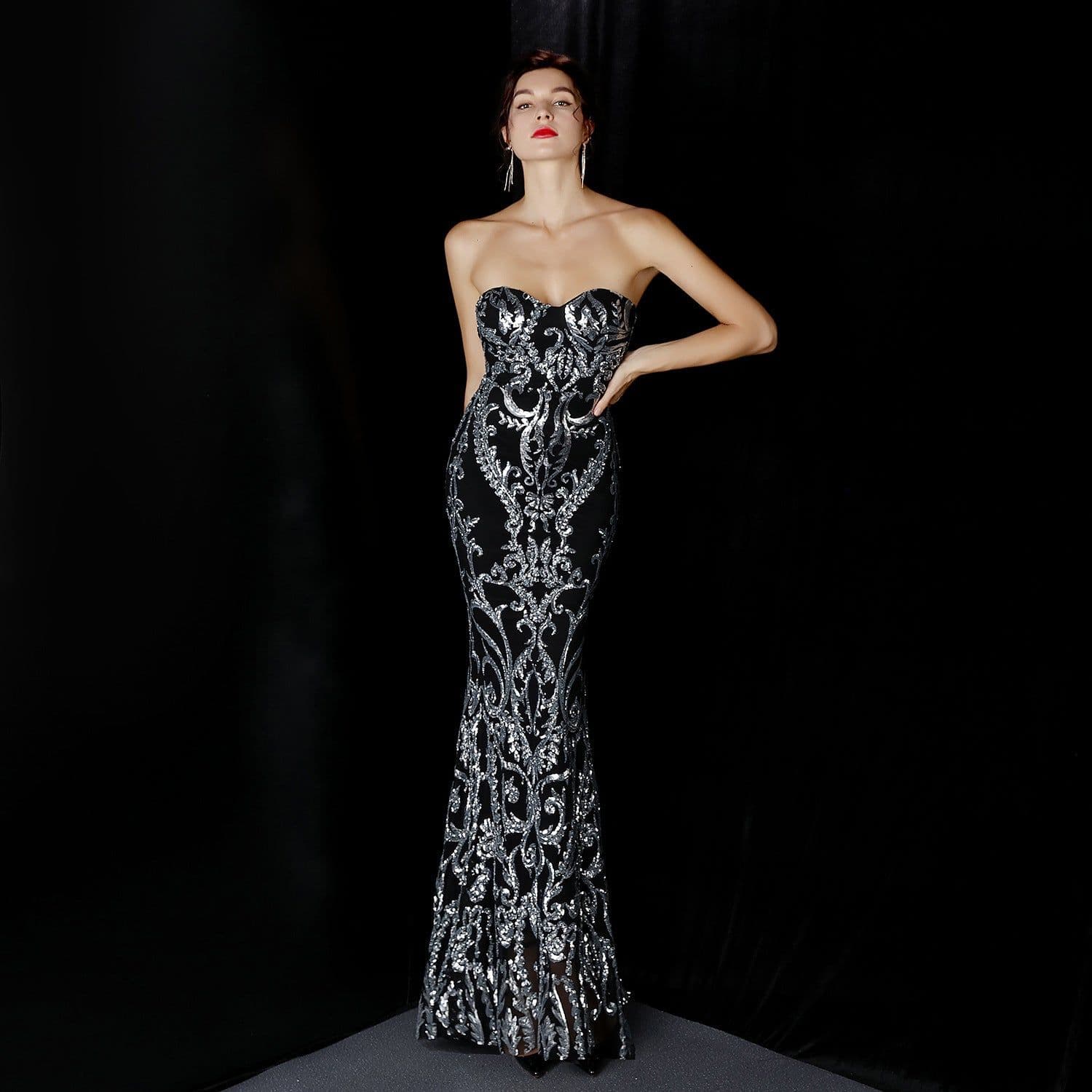 image-Sequined Long Dress Skirt Prom Party Etiquette Celebration Evening Dress