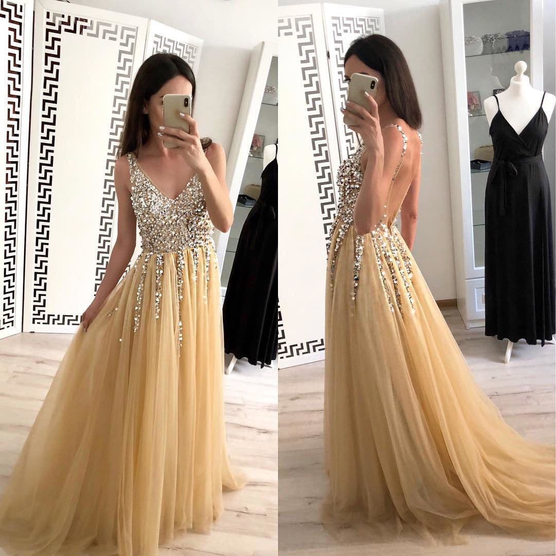 image-Hot Sale Front And Back V-neck Sequined Floor-length Dovetail Dress