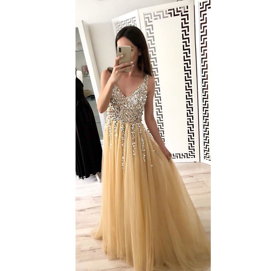 image-Hot Sale Front And Back V-neck Sequined Floor-length Dovetail Dress
