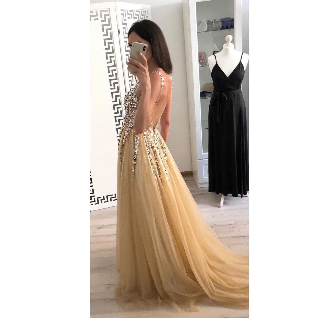 image-Hot Sale Front And Back V-neck Sequined Floor-length Dovetail Dress