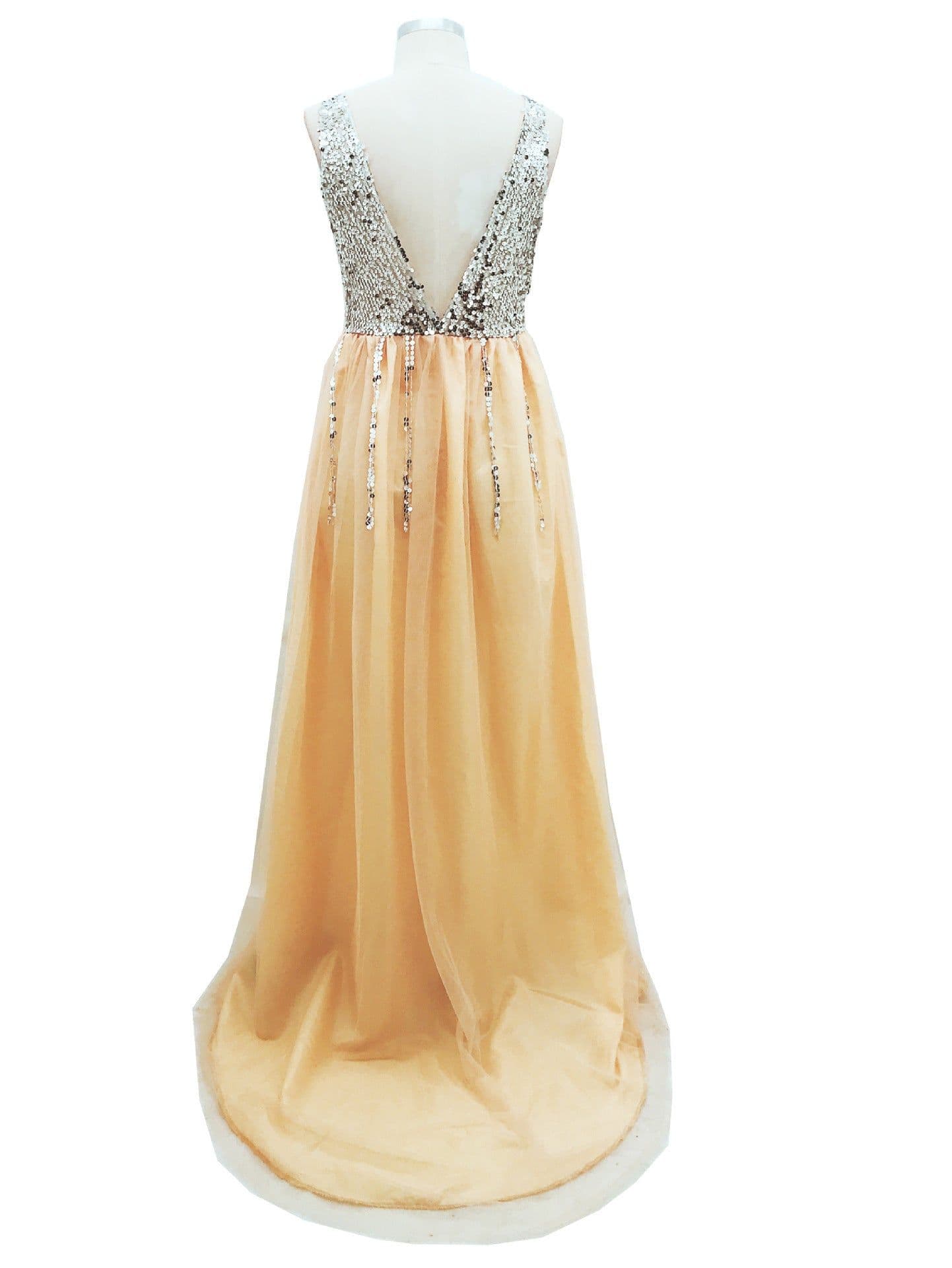 image-Hot Sale Front And Back V-neck Sequined Floor-length Dovetail Dress