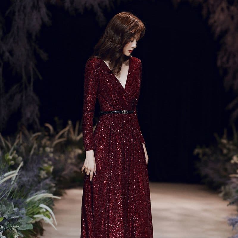 image-Wine Red Temperament Host Dress Annual Meeting Long