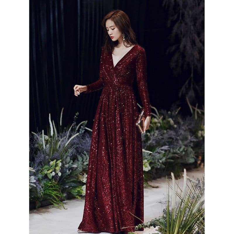 image-Wine Red Temperament Host Dress Annual Meeting Long