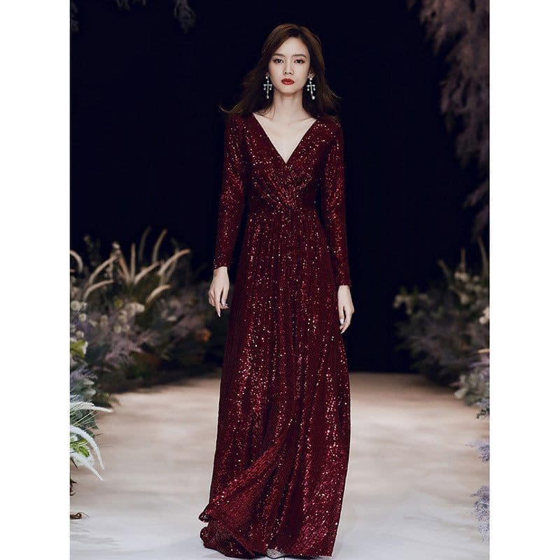 image-Wine Red Temperament Host Dress Annual Meeting Long