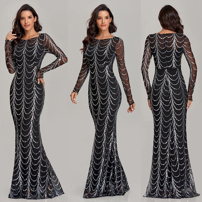 image-Sequins Women Maxi Dresses Long Sleeve Female Party Dresses
