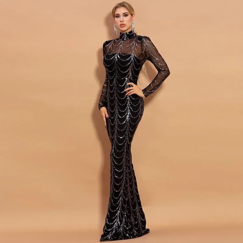 image-Sequins Women Maxi Dresses Long Sleeve Female Party Dresses