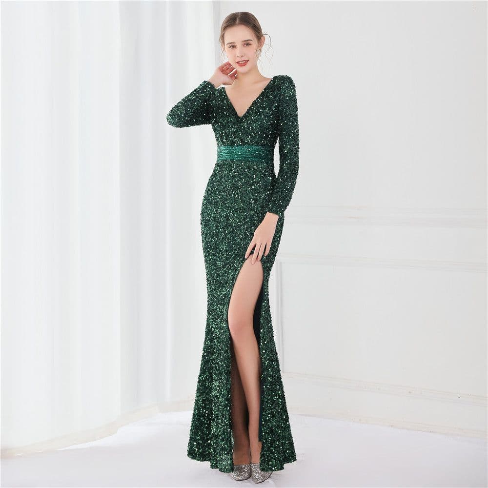 image-Long Sleeve Sequined Gas Field Queen Fishtail Evening Dress