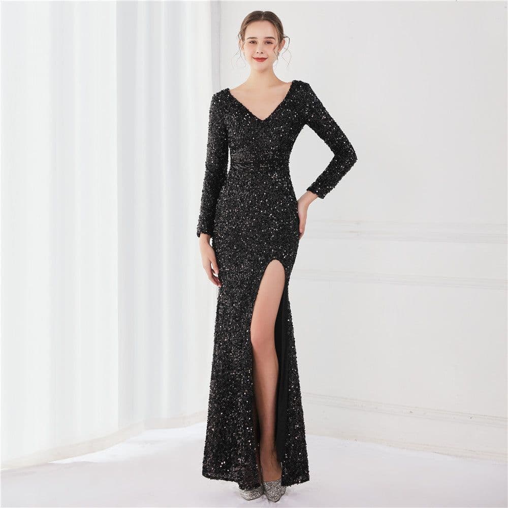 image-Long Sleeve Sequined Gas Field Queen Fishtail Evening Dress