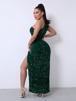 image-Foreign Trade Sleeveless One Shoulder Slash Neck Sequins Gorgeous Slit Women's Dress