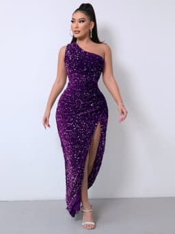 image-Foreign Trade Sleeveless One Shoulder Slash Neck Sequins Gorgeous Slit Women's Dress