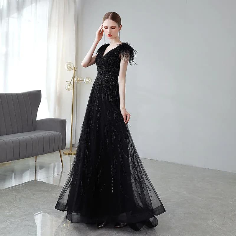 image-Black Double Shoulder Evening Dress Woman