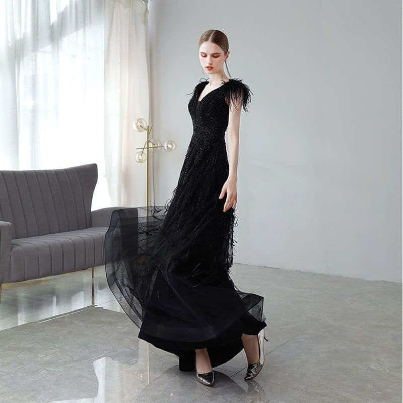 image-Black Double Shoulder Evening Dress Woman
